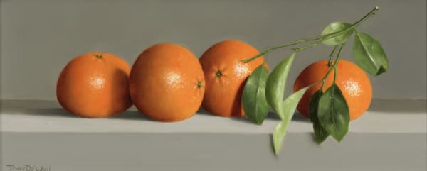 Tony de Wolf Four Mandarins in a Row Oil on board 6 x 14"