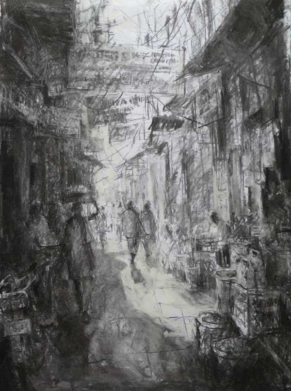 June Arnold PS SWaC Alleyway in Varanasi Charcoal 26 x 19 "