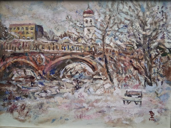 Dennis Poirier - A Cambridge Winter's Day, Harvard w/ Weeks Bridge & Dunster House 12x16