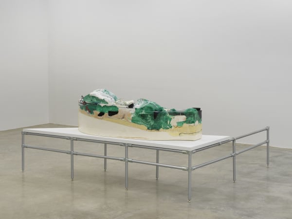 Minouk Lim Dudu Mulmul No. 12, 2021 Epoxy resin, urethane, plaster, charcoal, travel toothbrush and toothpaste set, jeogori, artificial plant, kelp, 220V electrical cord, sand Dimensions: 17 3/8 x 64 1/2 x 22 1/2 inches 44 x 164 x 57 cm
