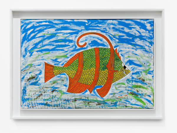Pacita Abad Orange-striped fish II, 2000 Oil and sequins stitched on canvas Framed Dimensions: 29 1/2 x 41 1/4 x 2 inches 74.9 x 104.8 x 5.1 cm