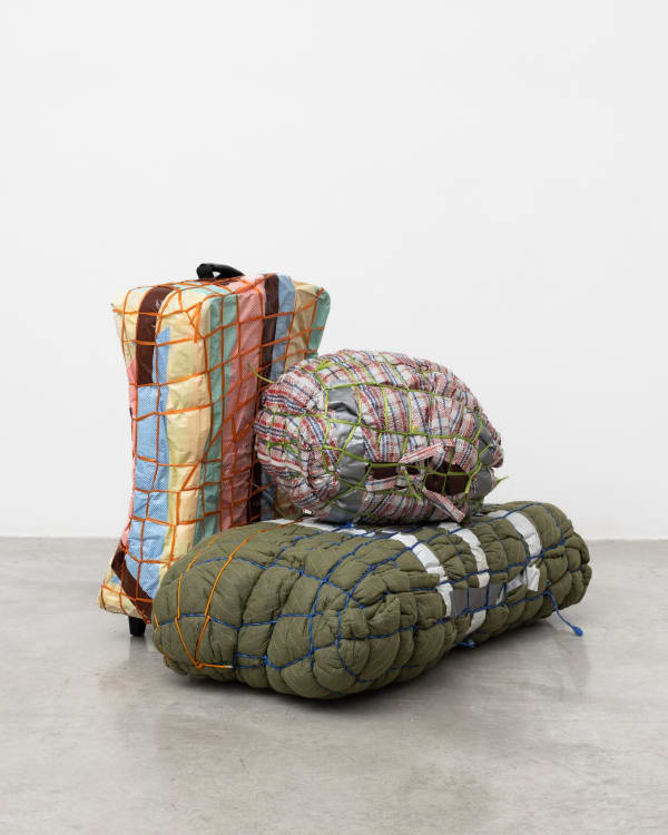 Maia Ruth Lee B.B. 23-10, B.B. 23-5, B.B. 23-4 , 2023 Rope, tarp, tape, luggage, cardboard, bedding 30 x 22 x 37 in 76.2 x 55.9 x 94 cm