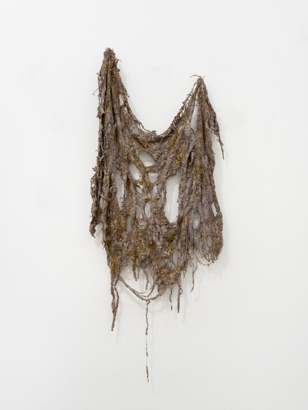 Mire Lee, Untitled (hanging burlap with many holes in cement and rubber #1), 2024