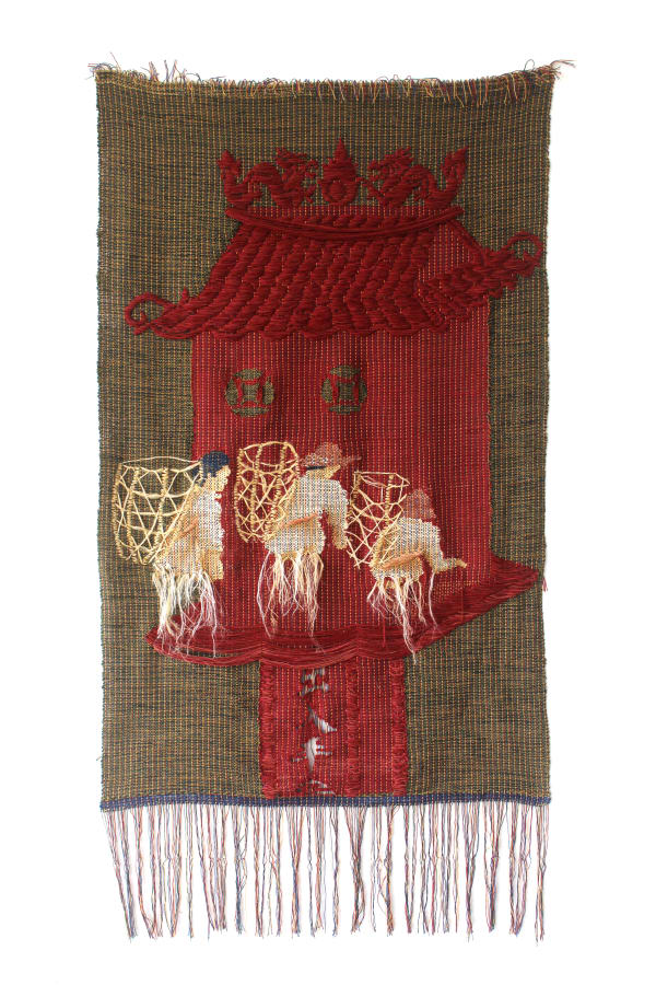 Cheong See Min A Place of Solace (Pineapple planters and Chinese Altar), 2025 Handwoven textile with natural dyed pineapple leaf yarn, cotton, silk yarn 56 x 29 1/2 in 142.2 x 74.9 cm