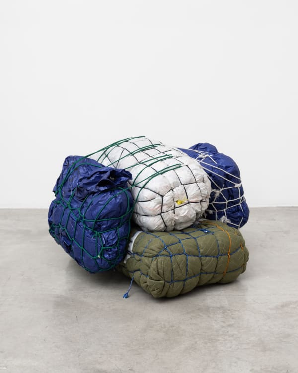 Maia Ruth Lee B.B. 23-2, B.B. 23-4, B.B. 23-16, 2023 Tarp, burlap, rope, tape, luggage, used clothing, bedding Dimensions variable