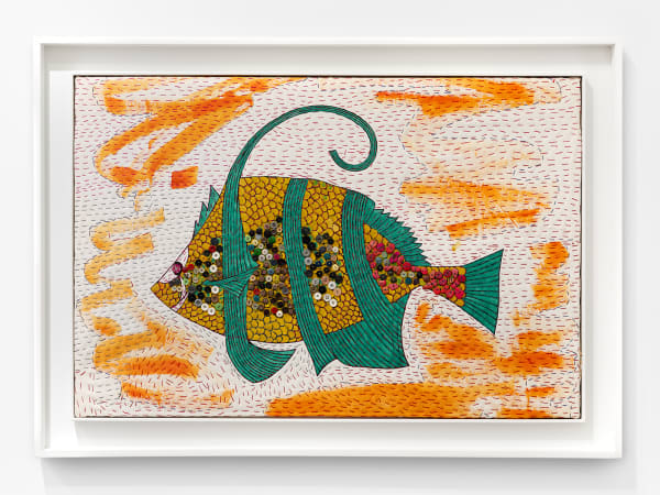 Pacita Abad Brown fish, 2000 Oil and sequins stitched on canvas Dimensions: 28 x 37 inches 72 x 95 cm