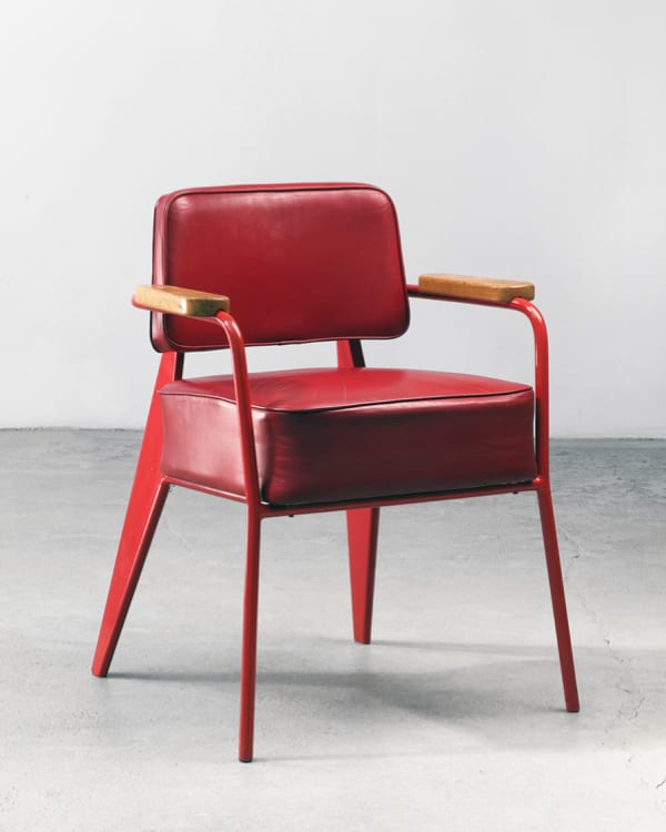 Jean Prouvé Bridge Armchair, Model 352 (Red), c. 1951 Painted tubular steel, painted bent steel, oak, vinyl 31 7/8 x 25 x 23 in 81 x 63.5 x 58.4 cm