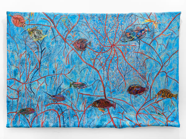 Pacita Abad Hundred Islands, 1989 Oil, acrylic, glitter, gold thread, buttons, lace, and sequins on stitched and padded canvas Dimensions: 79 x 118 inches 200.7 x 299.7 cm