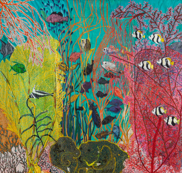 Pacita Abad Shallow Gardens of Apo Reef, 1986 Oil, acrylic, mirrors, plastic buttons, cotton yarn, and rhinestones on stitched and padded canvas Dimensions: 132 x 137 1/2 inches 335 x 347 cm