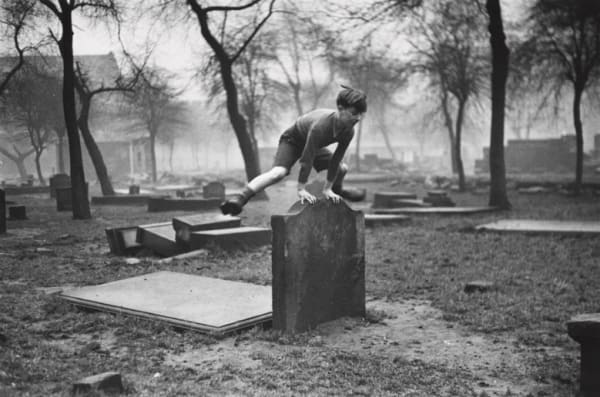 Bert Hardy, Gorbals- Children playing. 'Boy leap frog'.