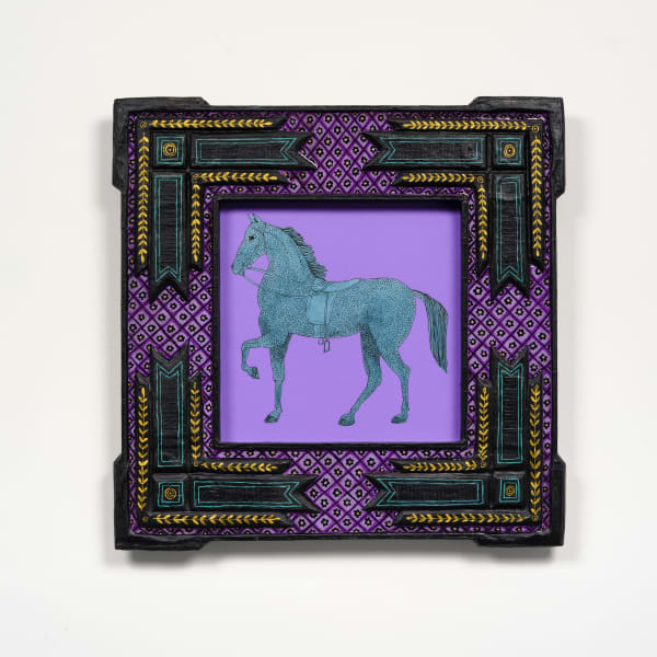 Mark Gagnon, Victorian Style Ribbon Frame with Horse Drawing on Purple Paper, 2025