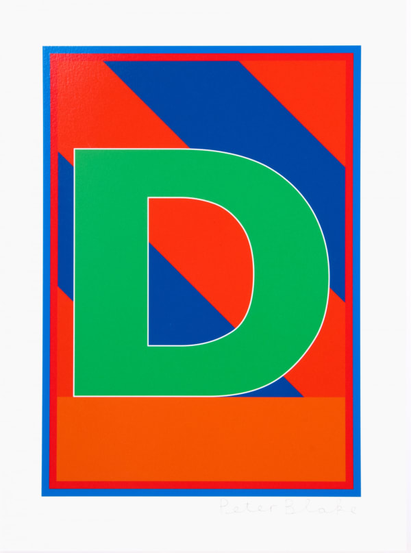 Limited edition silkscreen print by Iconic British Pop artist, Sir Peter Blake titled The Dazzle Alphabet Letter, 2017 featuring a colourful pop art depiction of the letter D. Turner Art Perspective, Essex Gallery.