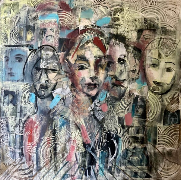 Oil and mixed media work by female artist, Corrina Button of abstract figurative scene with red and brown hues at Turner Art Perspective, Essex Gallery.