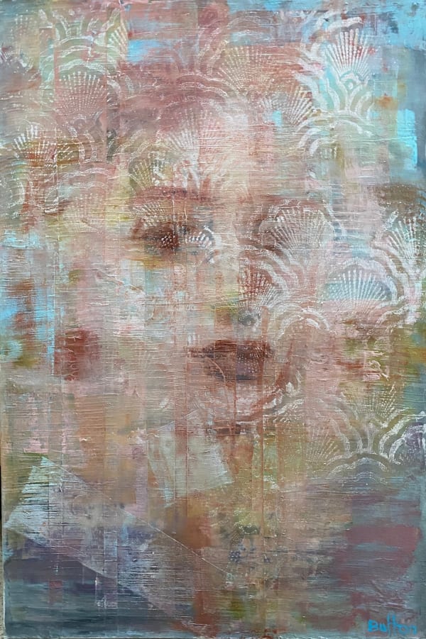 Oil and mixed media painting by Female Artist, Corrina Button. Abstract close-up portrait of a woman's face in pastel colours at Turner Art Perspective, Essex Gallery.