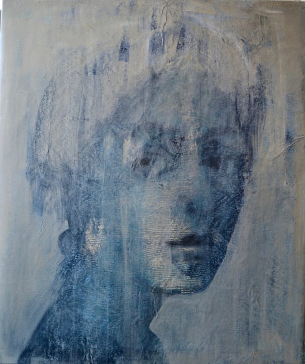 Oil and mixed media painting by female artist, Corrina Button of a close-up portrait of a woman in blue hues. Turner Art Perspective, Essex Gallery.