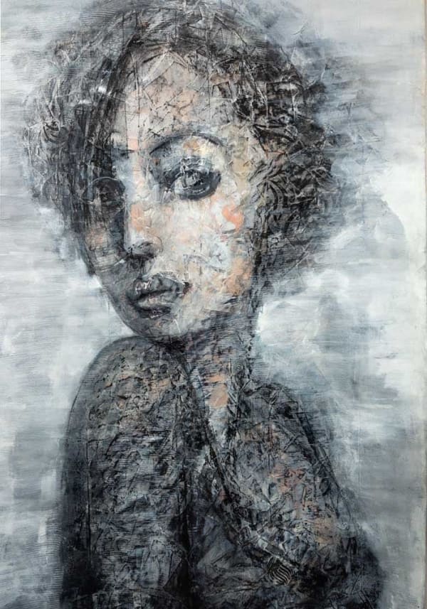 Acrylic and mixed media painting on canvas by female artist, Corrina Button, depicting a portrait of a woman in black and grey tones. Turner Art Perspective, Essex Gallery.