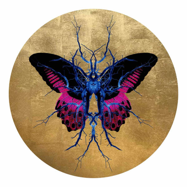 Purple, black & blue electric butterfly on gold leaf background circular background