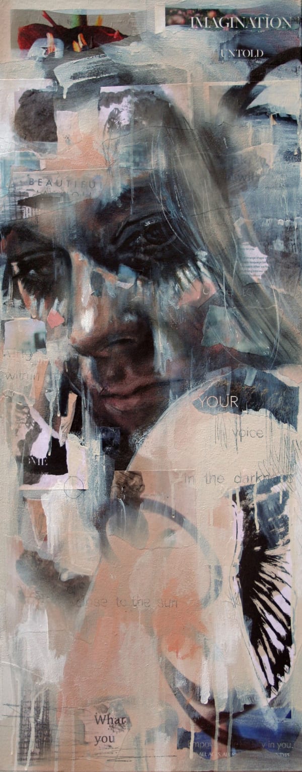 Original Painting with spray paint by British female artist Toni Codgell titled Wing-borne, depicting a close-up of a women’s face with layers of blue and beige tones with painted words and collaged images in a street art style. Turner Art Perspective, Essex Gallery.