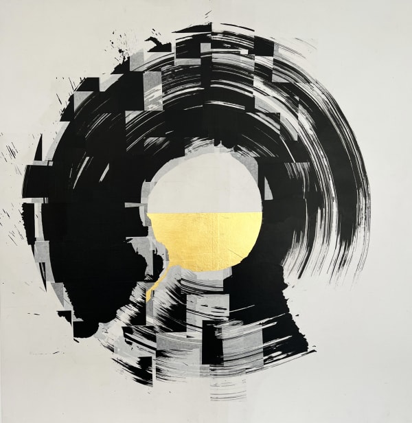 Indian Ink on paper by Abstract artist Rod McIntosh titled Optimism I of a gestural circle with gold leaf paint in the centre. Turner Art Perspective Essex Gallery