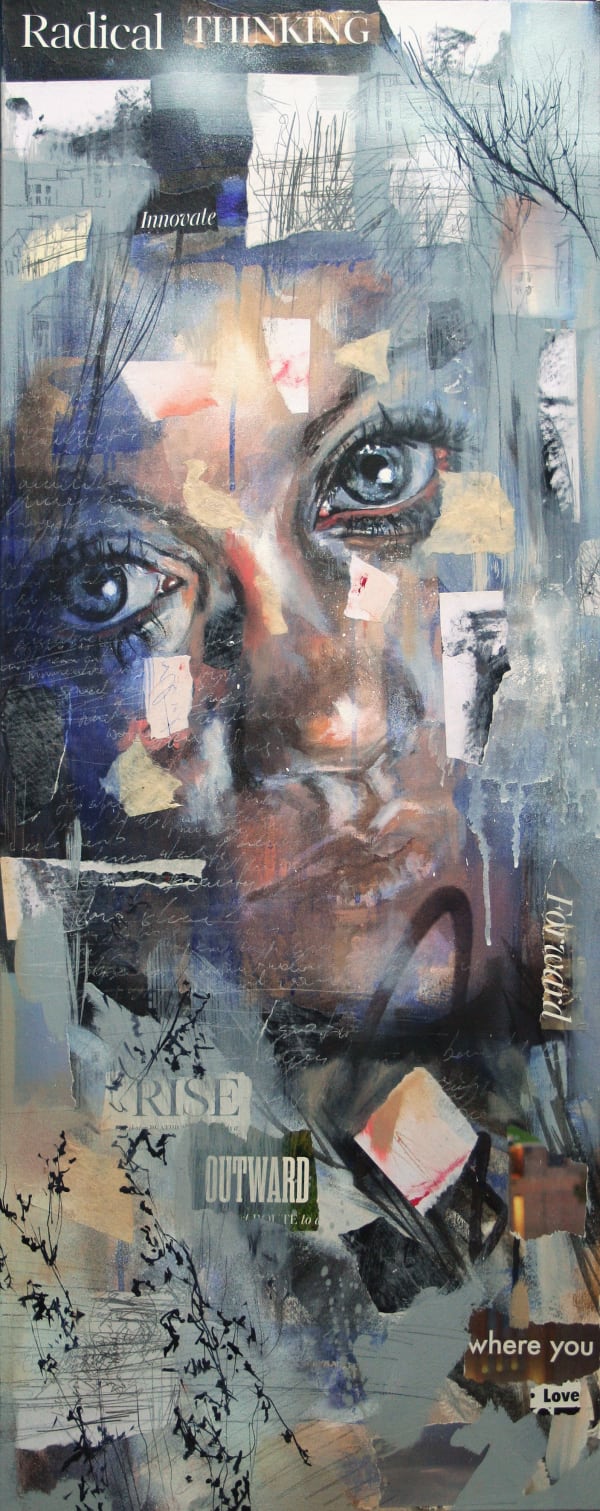 Original Painting with spray paint by British female artist Toni Codgell titled What It Takes, depicting a close-up of a women’s face with layers of beige and grey tones with painted words and collaged images in a street art style. Turner Art Perspective, Essex Gallery.