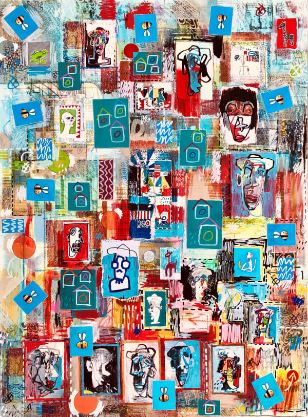 Collage of abstract bees and faces on paper