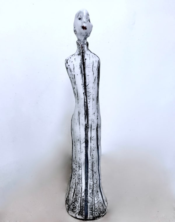 Porcelain glazed sculpture by Female artist, Corrina Button depicting a slender figurative model at Turner Art Perspective, Essex Gallery.