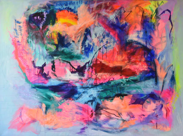 sebastian merk artist winter world multicolour pink blue red acrylic on cotton canvas abstract weather winter landscape figurative impression turner art perspective essex art gallery