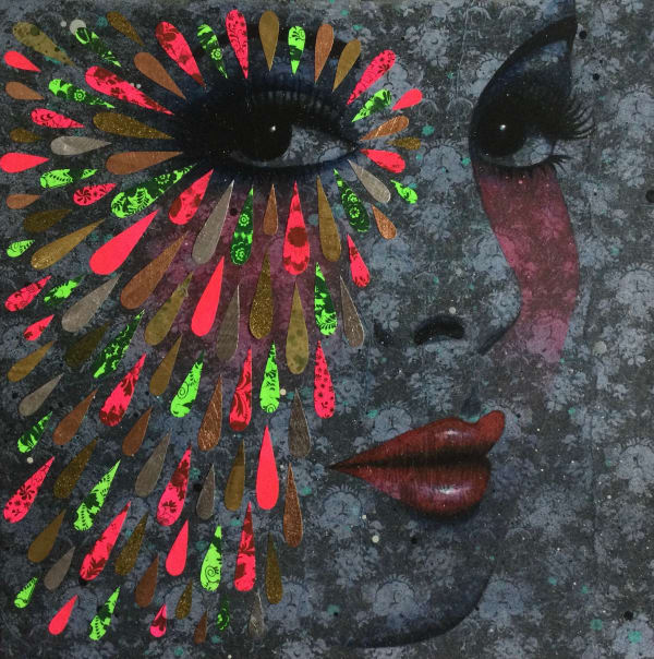 Collage on canvas with vintage decorative papers and stamps, spray paint and gold leaf by Roo Abrook titled Colour me Baby Blue (2022), depicting a female profile on a dark back background, striking eyes looking out the viewer, the prominent is surrounded by a rays of colourful collaged teardrop shaped vintage stamp cut outs which gives the portrait a surrealist quality. Turner Art Perspective, Essex Gallery.