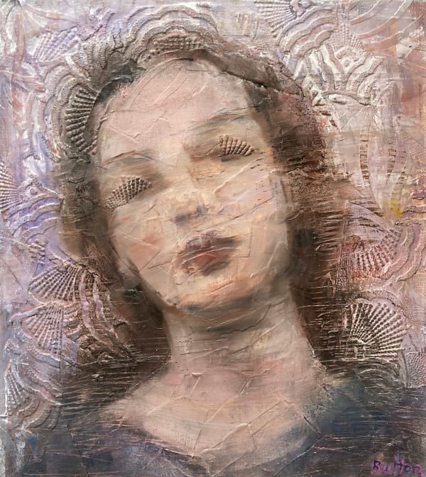 Oil and Mixed media painting by female artist, Corrina Button of an abstract, blurred portrait of a woman with pastel pink and purple tones at Turner Art Perspective, Essex Gallery.