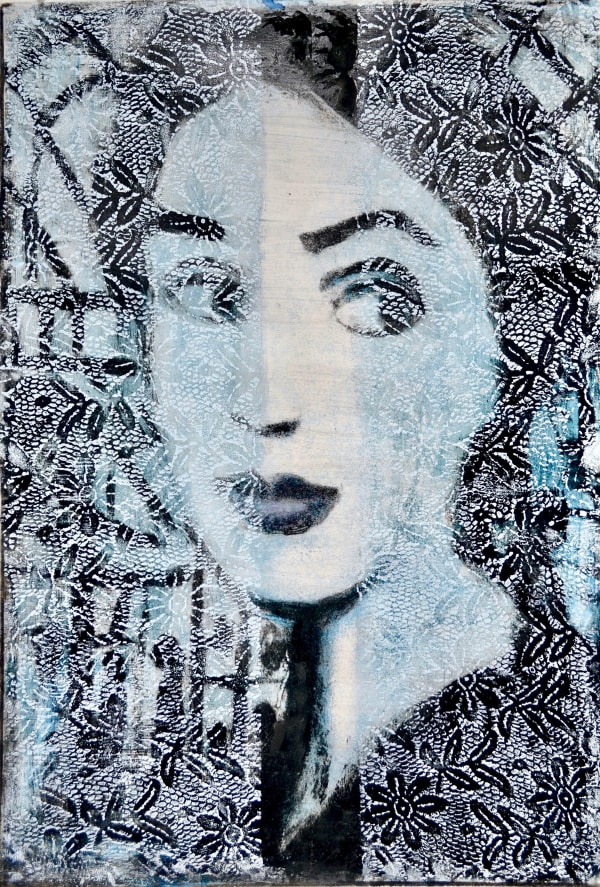 Hand-Painted collagraph print by female artist Corrina Button, of abstract female portrait with black and blue hues at Turner Art Perspective, Essex Gallery.