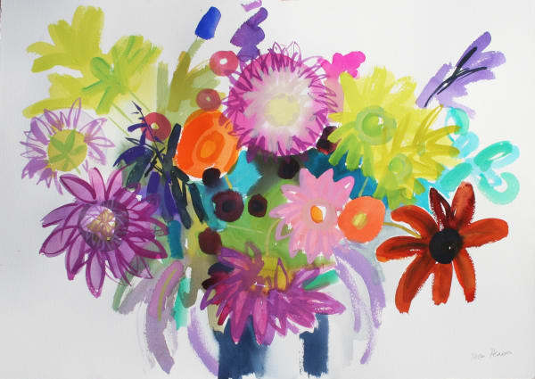 Bright flowers in a vase big red flower on right. purples and greens