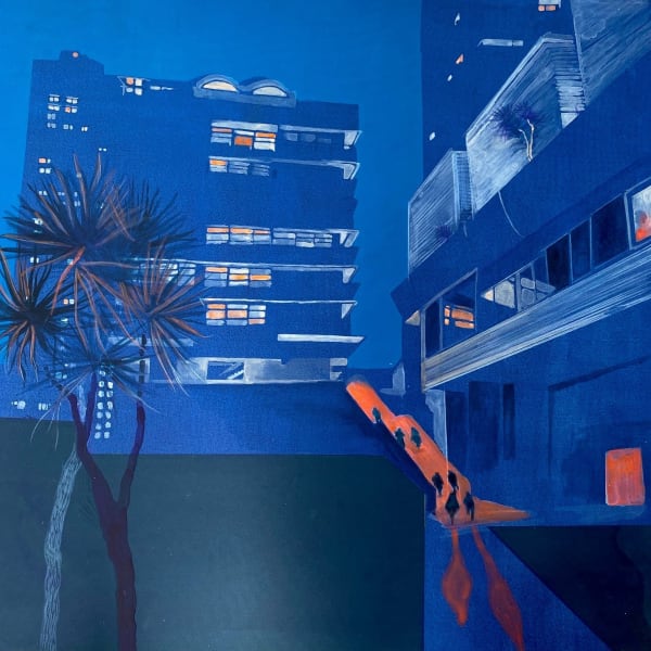 Anna Marrow, Artist, Midnight At The Barbican, Mixed Media Painting on Paper, Blue, Orange, Turner Art perspective