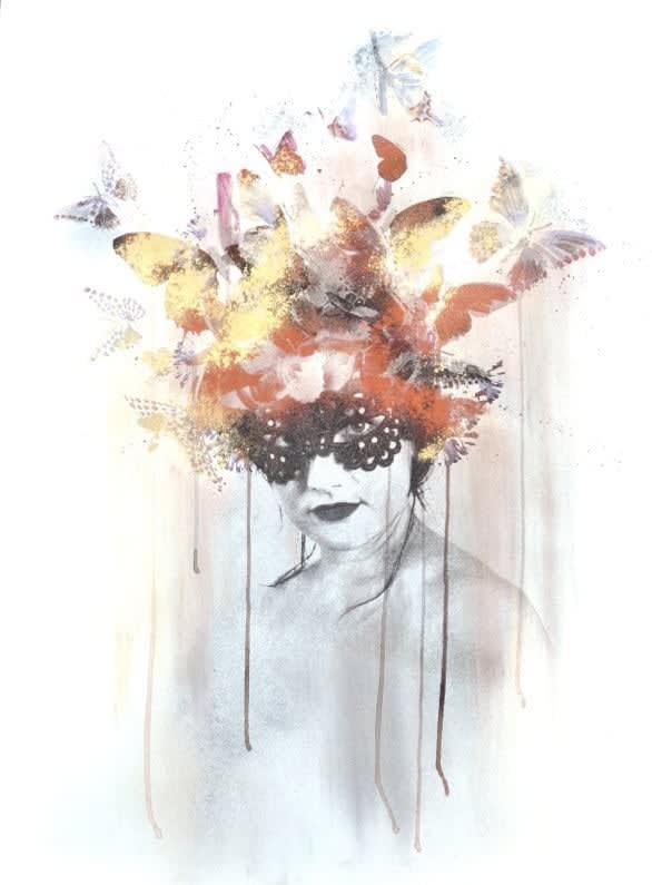 Female drawn in charcoal with hand finished butterfly head piece