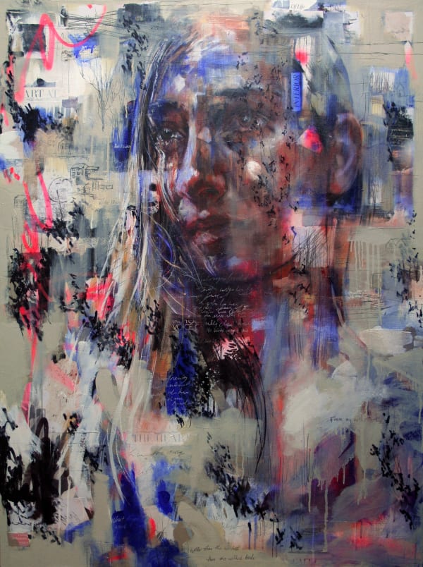 Original Painting with spray paint by British female artist Toni Codgell titled Wild Birds, depicting a close-up of a women’s face with layers of beige, blue and pick accents with painted words and collaged images in a street art style. Turner Art Perspective, Essex Gallery.