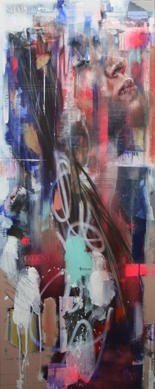 Original Painting with spray paint by British female artist Toni Codgell titled Inhale, depicting a close-up of a women’s face with layers of blue and pick accents with painted words and collaged images in a street art style. Turner Art Perspective, Essex Gallery.