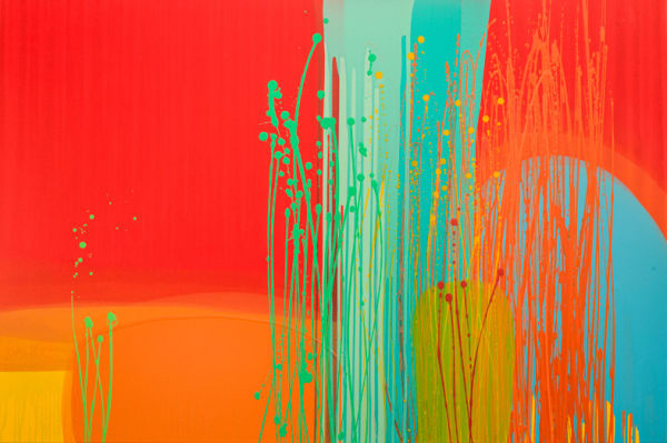 Charlotte Cornish, Artist, Two Lives I, Neon, Red, Green, Blue, Orange canvas, Turner Art Perspective, Essex Chelmsford Art Gallery