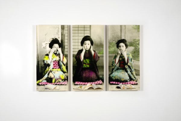 Gavin mitchell, artist, hear no speak no see no , panels, geisha girls, pop art, turner art perspective gallery essex
