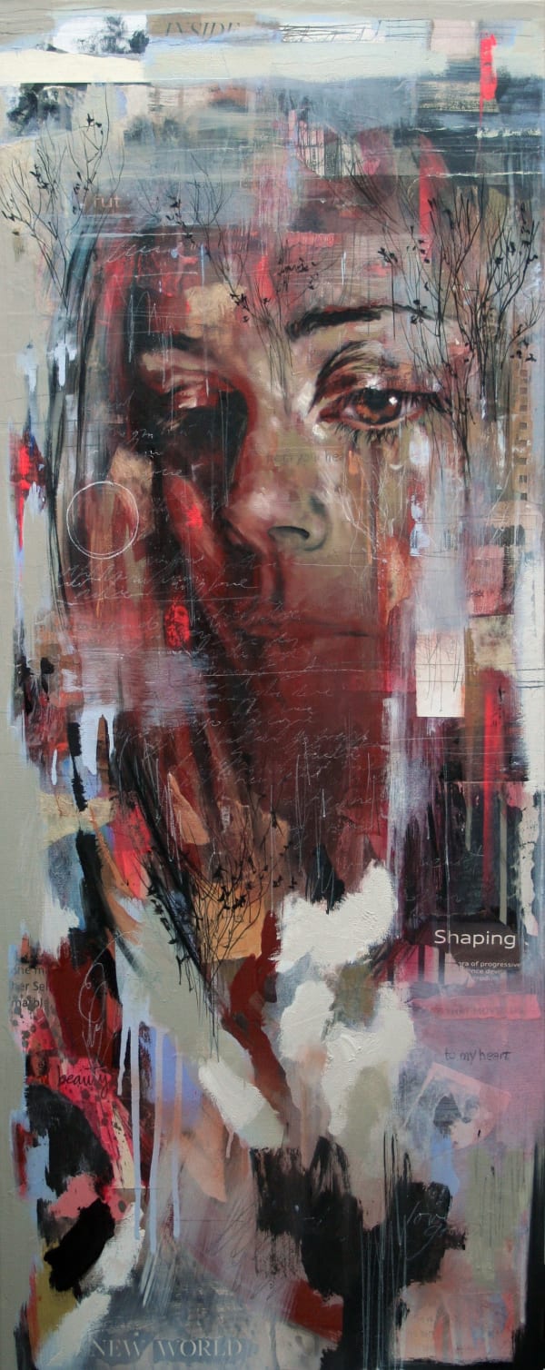 Original Painting with spray paint by British female artist Toni Codgell titled Airborne, depicting a close-up of a women’s face with layers of blue and pick accents with painted words and collaged images in a street art style. Turner Art Perspective, Essex Gallery.