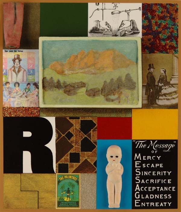 Silkscreen print with glitter and 3D printed elements by Iconic British Pop artist, Sir Peter Blake, titled, 3D Wooden Puzzle Series: Landscape, 2014 featuring a cabinet of treasured objects including landscape painting and doll in a nostalgic display. Turner Art Perspective, Essex Gallery.