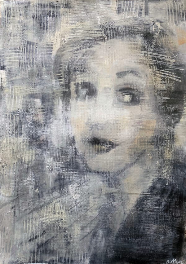 Oil, graphite, and charcoal on paper work by female artist, Corrina Button, depicting an abstract portrait of a woman in pastel hues. Turner Art Perspective, Essex Gallery.
