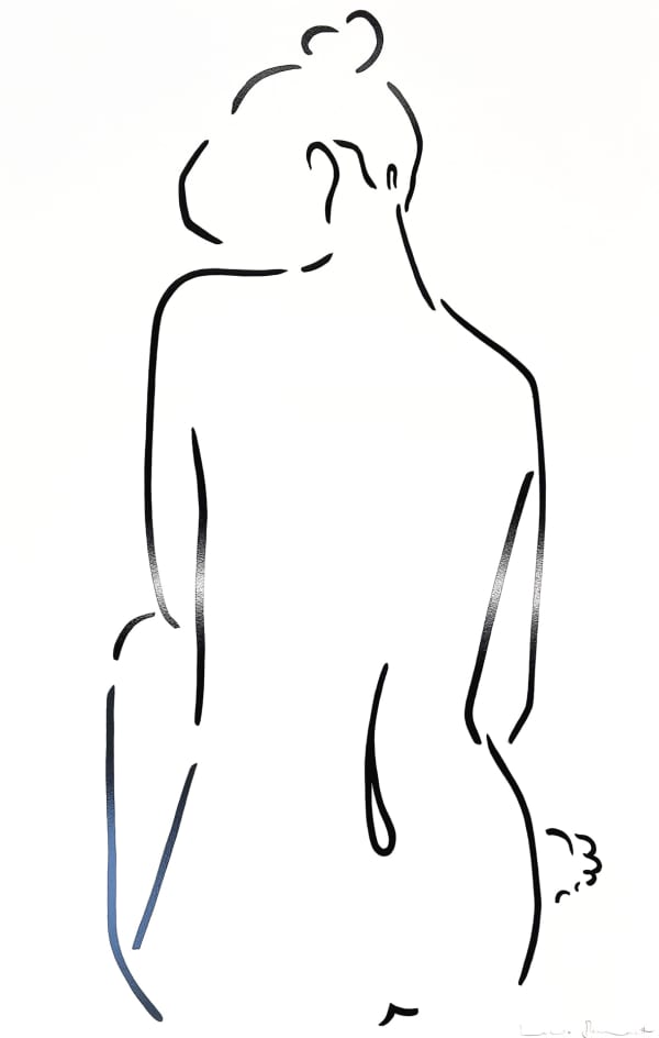 Silkscreen limited edition artwork by Lucie Bennett, titled Girl in ink, 2022, featuring a ink style line drawing of a seated female figures back, the artwork is contemporary, graphic and showcases female empowerment. Turner Art Perspective, Essex Gallery.