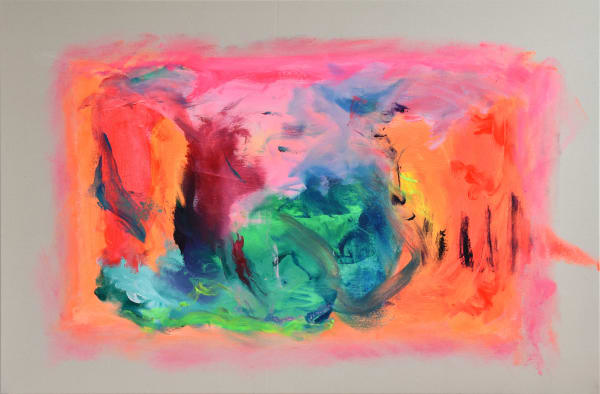 sebastian merk artist acoustic signal acrylic on cotton multicolour pink orange yellow blue green crimson peach navy abstract impression turner art perspective essex art gallery