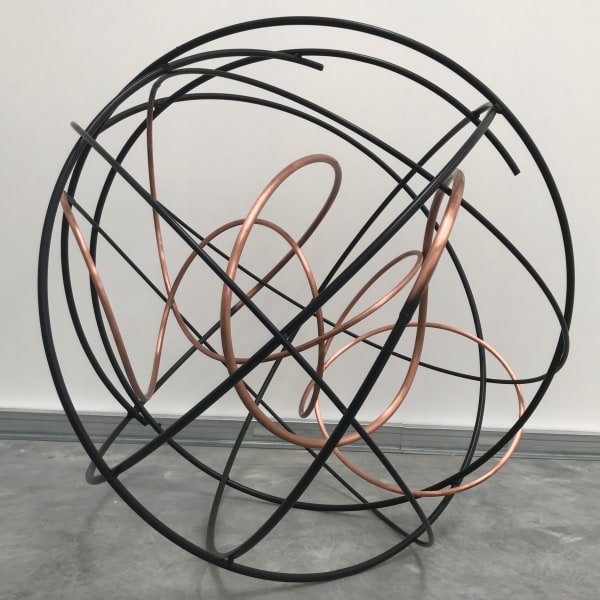 Polished copper and powder coated steel sculpture by Mark Beattie titled Orbital XII (2019), abstract circular steel artwork with interlocking rings, exploring balance, unity, and harmony in contemporary British sculpture. Turner Art Perspective, Essex Gallery.