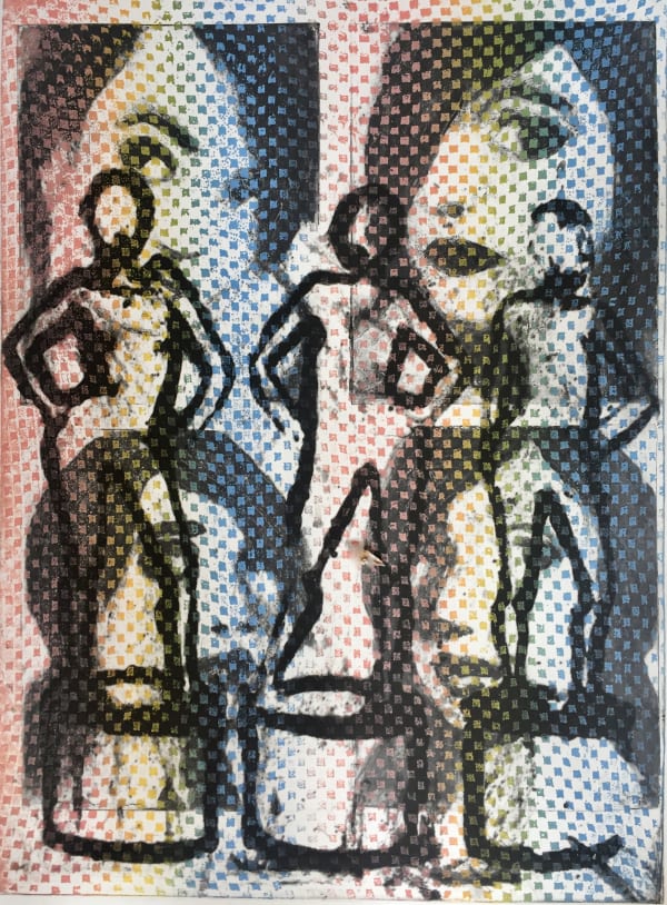 Hand-printed monoprint by female artist, Corrina Button of an abstract work of female bodies and faces over a faint rainbow background. Turner Art Perspective, Essex Gallery.