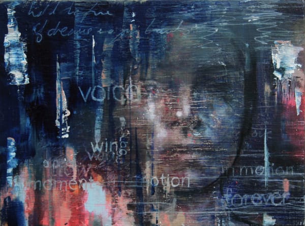 Original Painting with spray paint by British female artist Toni Codgell titled Reverberations depicting a close-up of a faded women’s face with layers of blue tones and painted words in a street art style. Turner Art Perspective, Essex Gallery.