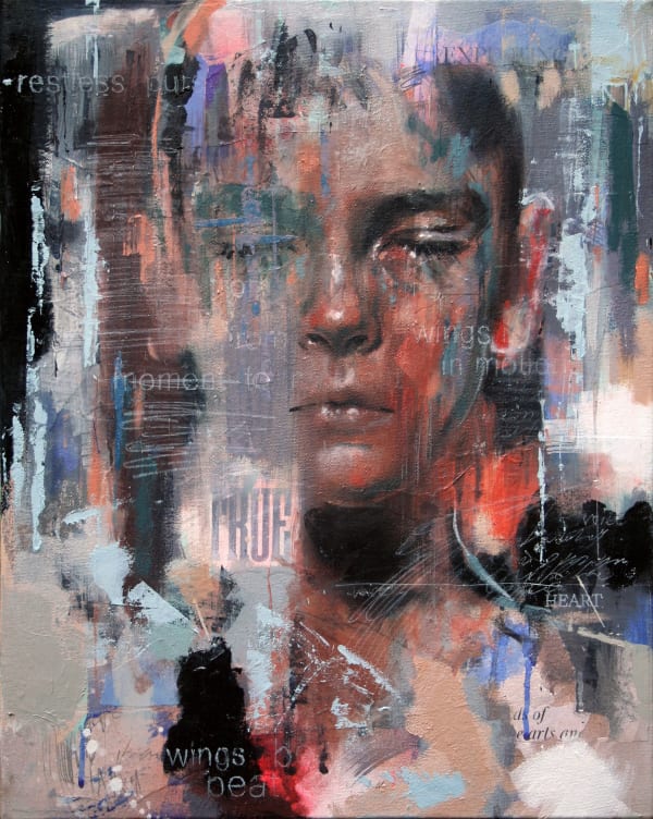 Original Painting with spray paint by British female artist Toni Codgell titled Wing Beat, depicting a close-up of a women’s face with layers of blue, beige and pink tones with painted words and collaged images in a street art style. Turner Art Perspective, Essex Gallery.