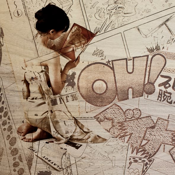 Woman kneeling reading Playboy magazine OH! in background