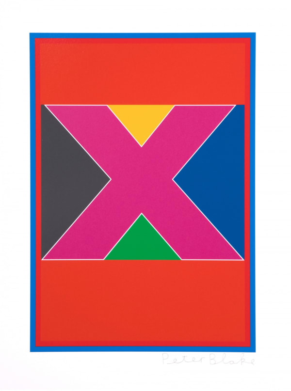 Limited edition silkscreen print by Iconic British Pop artist, Sir Peter Blake titled The Dazzle Alphabet Letter, 2017 featuring a colourful pop art depiction of the letter X. Turner Art Perspective, Essex Gallery.