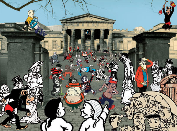 Limited edition silkscreen print by Iconic British Pop artist, Sir Peter Blake, titled 75 years of the Beano, 2014 featuring beano style comic characters printed over a photograph of an official building. Turner Art Perspective, Essex Gallery.