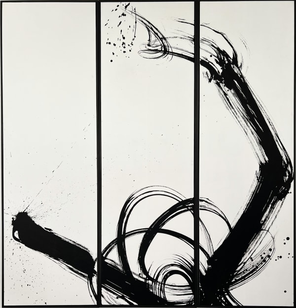 Indian Ink on paper by Abstract artist Rod McIntosh titled We Ain’t in Kansas, depicting gestural brush strokes in a swirl pattern on framed triptych. Turner Art Perspective Essex Gallery